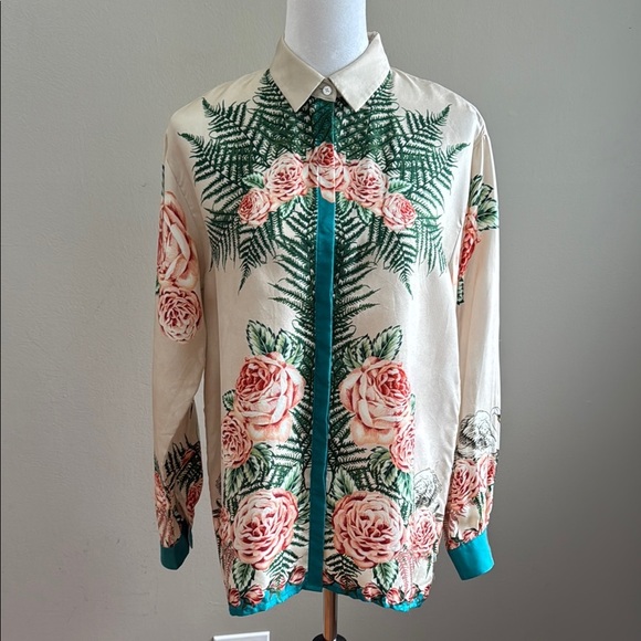 Paul & Joe Silk Vintage Floral Goose Print Button-Up Shirt Green Accents Size 3 - Picture 3 of 15